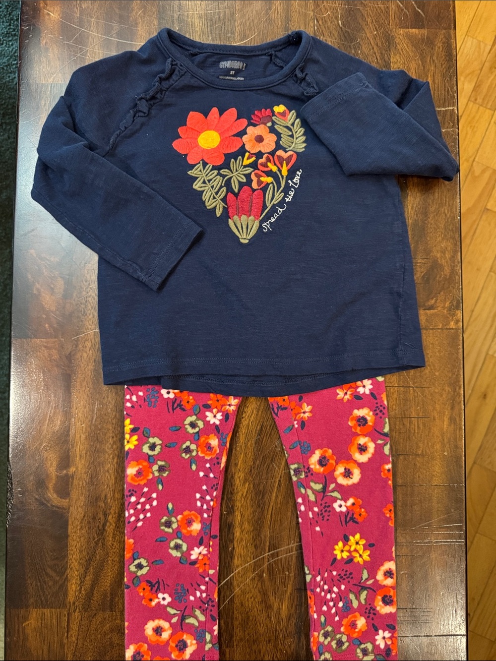 Gymboree Navy Long-Sleeve Top with Floral Heart and Floral Leggings